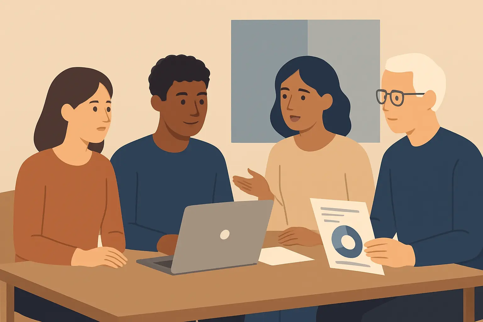Illustration d'un jury de soutenance évaluant un mémoire d'informatique autour d'une table