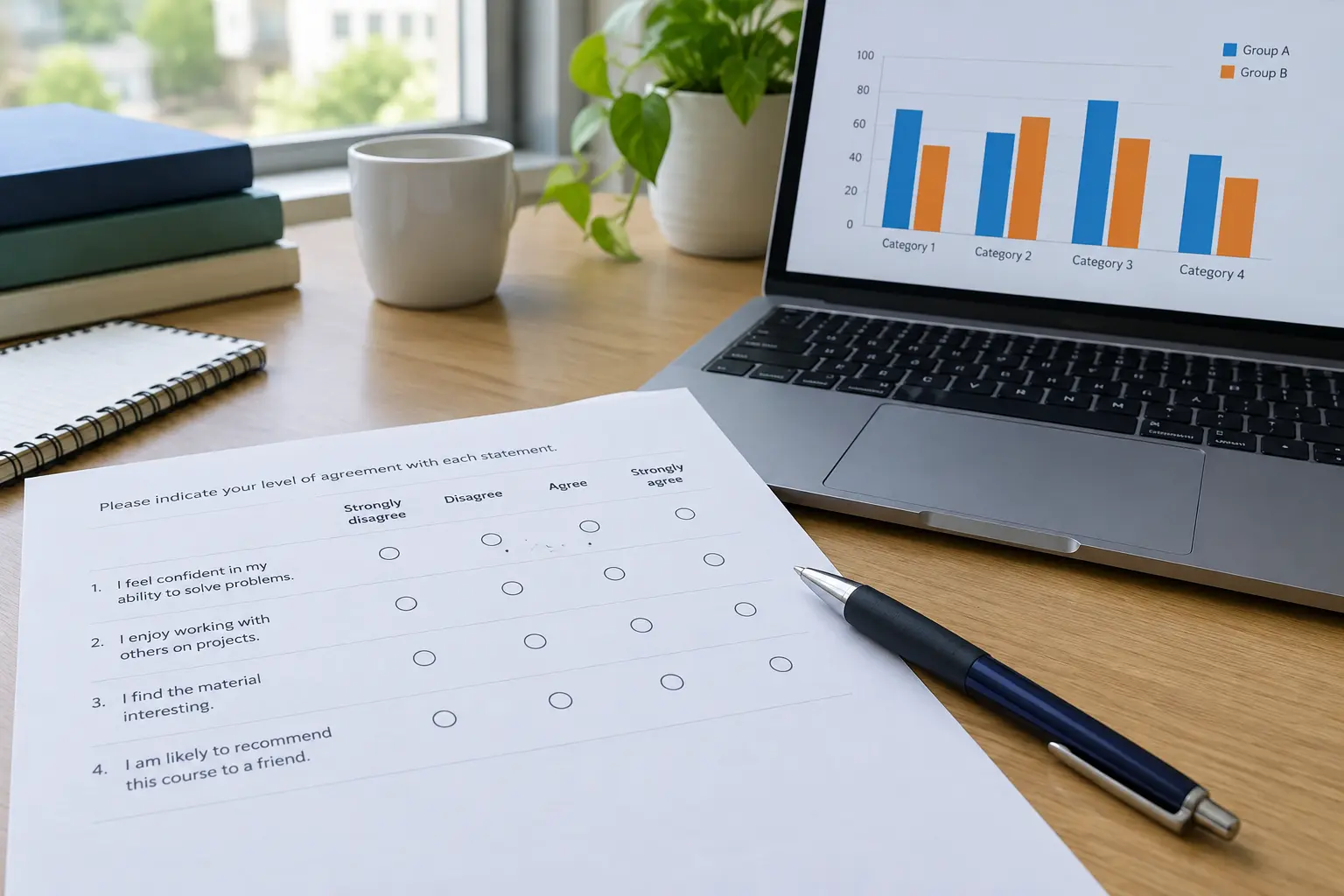 Questionnaire à échelle de Likert et graphique comparant les scores d'auto-efficacité entre deux groupes d'étudiants