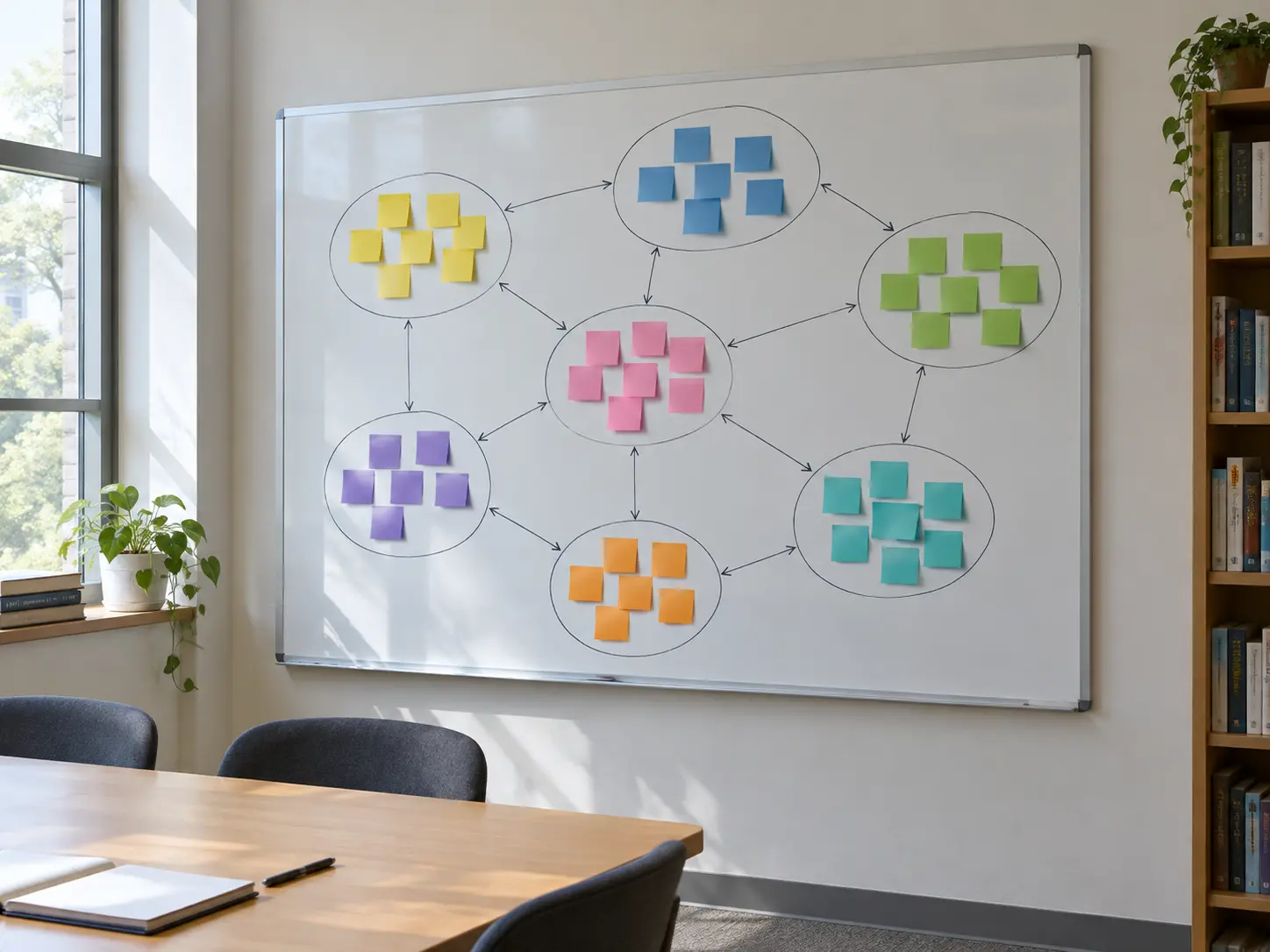 Tableau blanc avec notes autocollantes regroupées en thèmes pour une analyse thématique qualitative