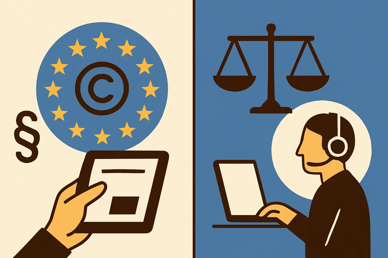 Illustration comparant le droit d'auteur numérique et la sécurité sociale du télétravail transfrontalier