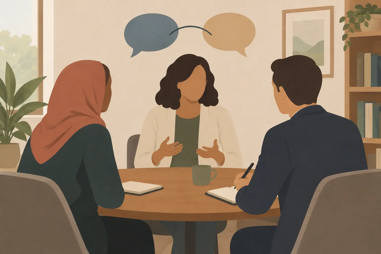 Illustration éditoriale d'un entretien de recherche en travail social avec un interprète, dans un contexte de vulnérabilité administrative