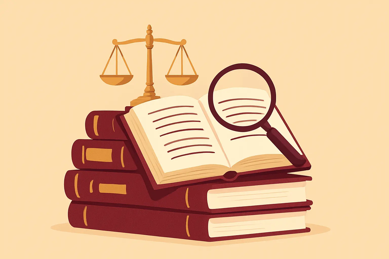 Illustration d'une pile de revues juridiques et d'une balance de la justice symbolisant la doctrine dans un mémoire de droit
