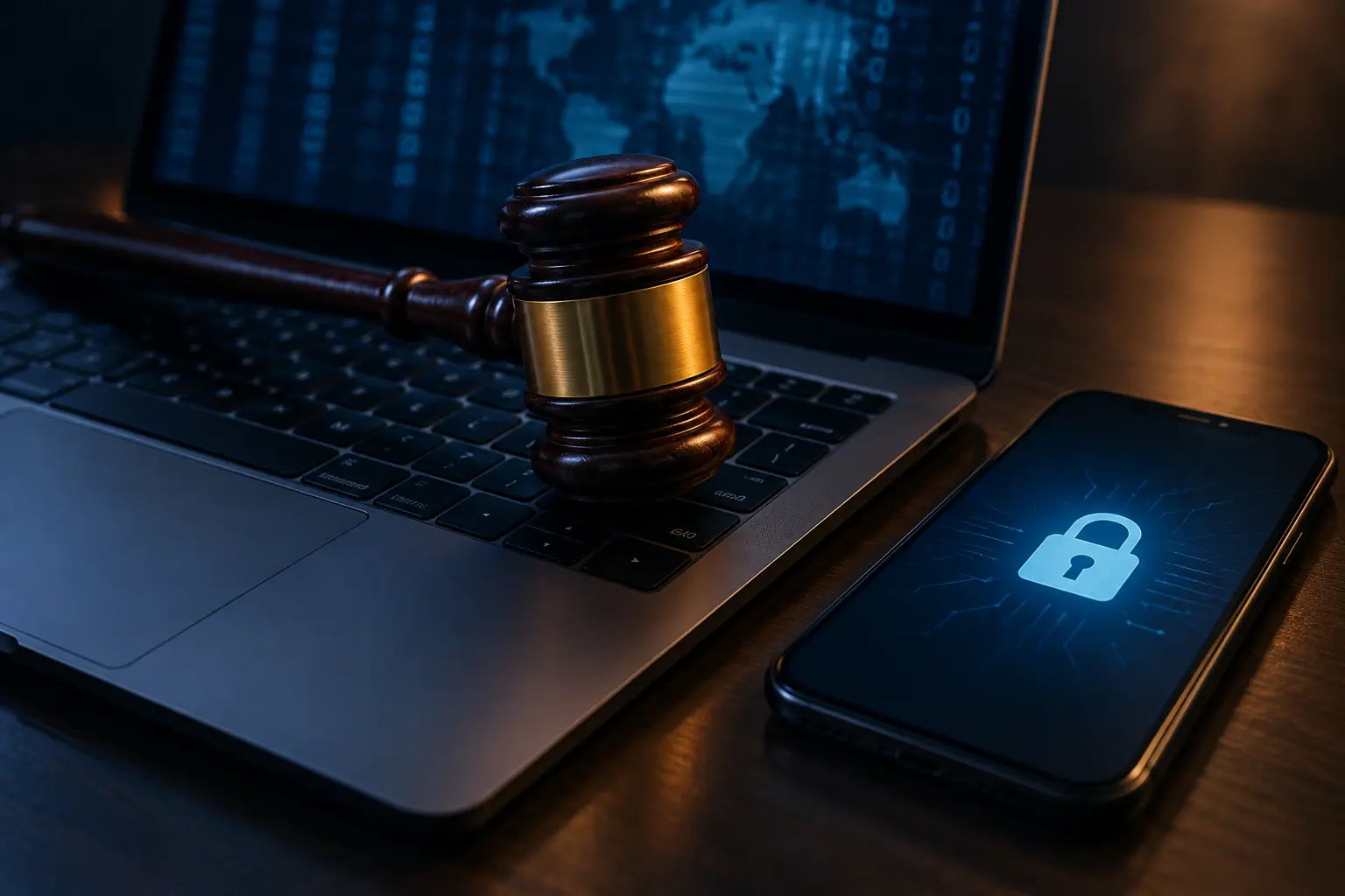 Marteau de juge posé sur un clavier d'ordinateur, illustration de la cybercriminalité en droit pénal