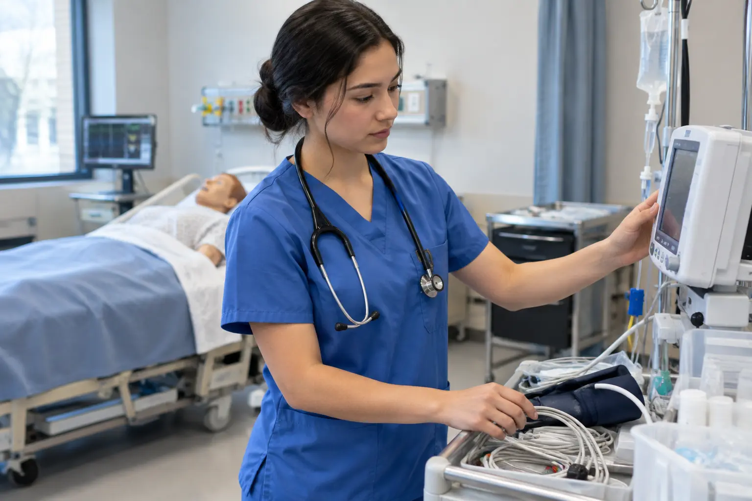 Étudiante en soins infirmiers confiante avant une simulation clinique, illustration du sentiment d'auto-efficacité