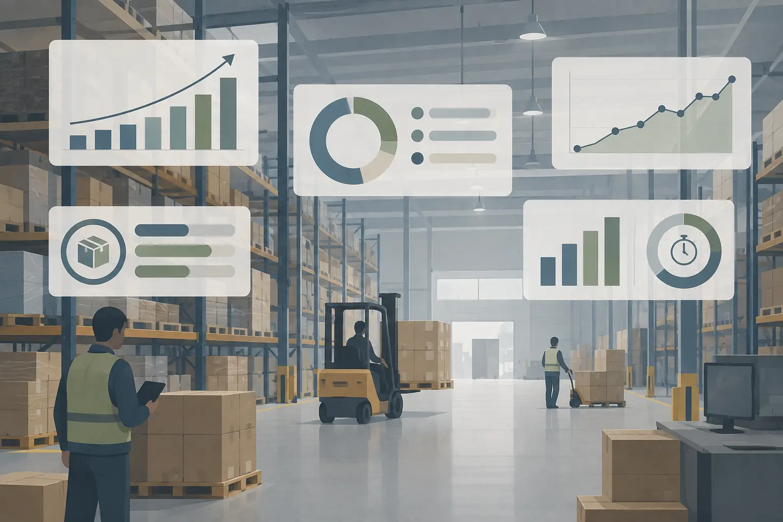 Illustration éditoriale d'un entrepôt logistique avec des indicateurs de performance