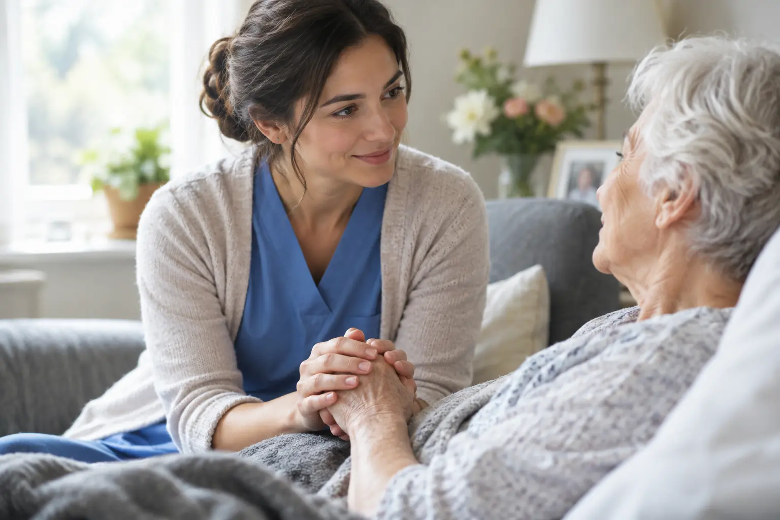 Soignant tenant la main d'une personne âgée en fin de vie, illustration pour un mémoire en soins infirmiers gériatriques