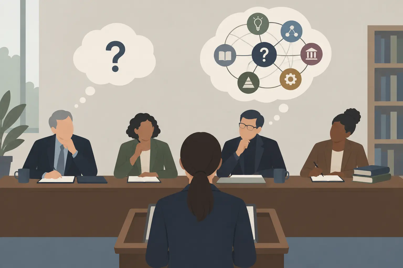 Illustration éditoriale d'un jury de soutenance de mémoire de psychologie posant des questions différentes selon le niveau M1 ou M2