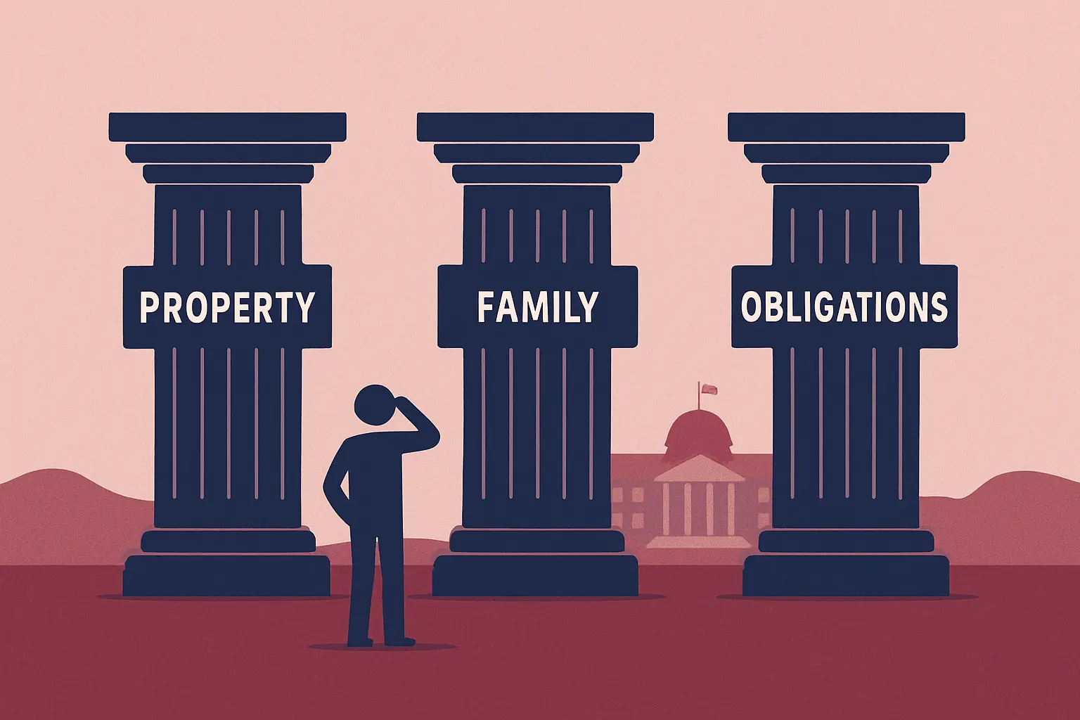 Illustration de trois piliers représentant les matières fondamentales autorisées pour un sujet de mémoire en droit privé