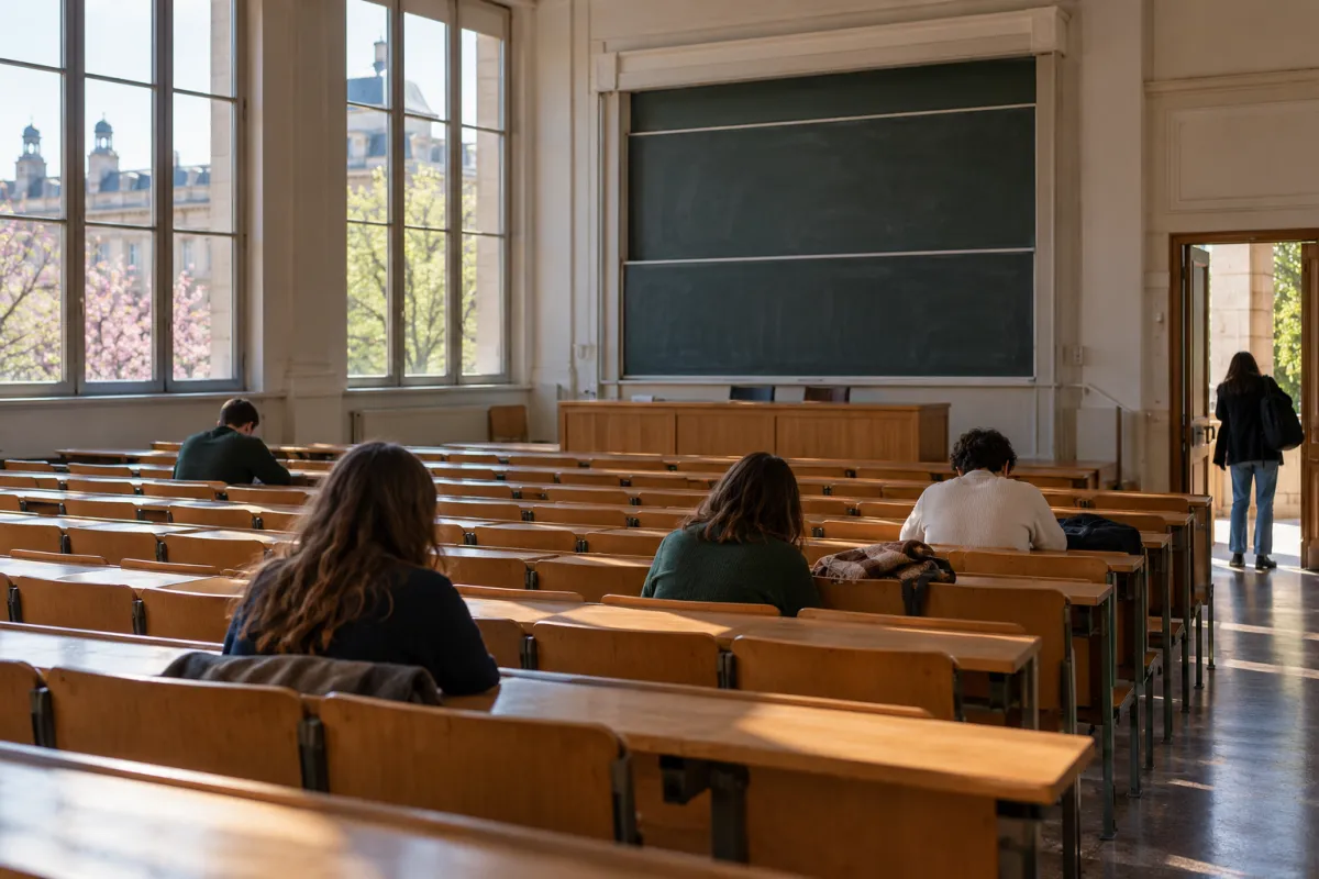 Amphithéâtre universitaire français à moitié vide, illustrant l'abandon en première année de licence