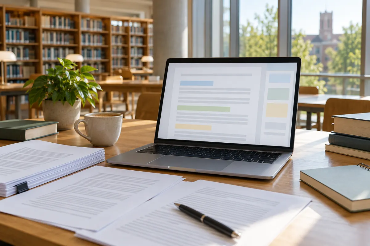 Étudiante corrigeant son mémoire avec un correcteur linguistique sur ordinateur portable