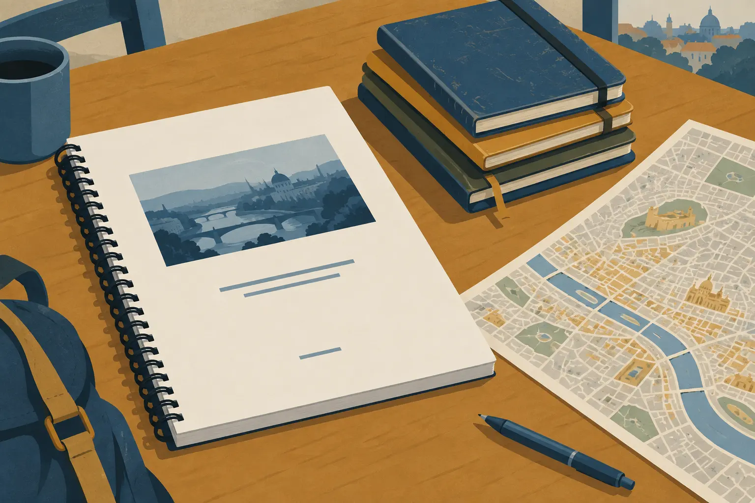 Mémoire relié avec spirale noire, carnets de terrain et plan de ville