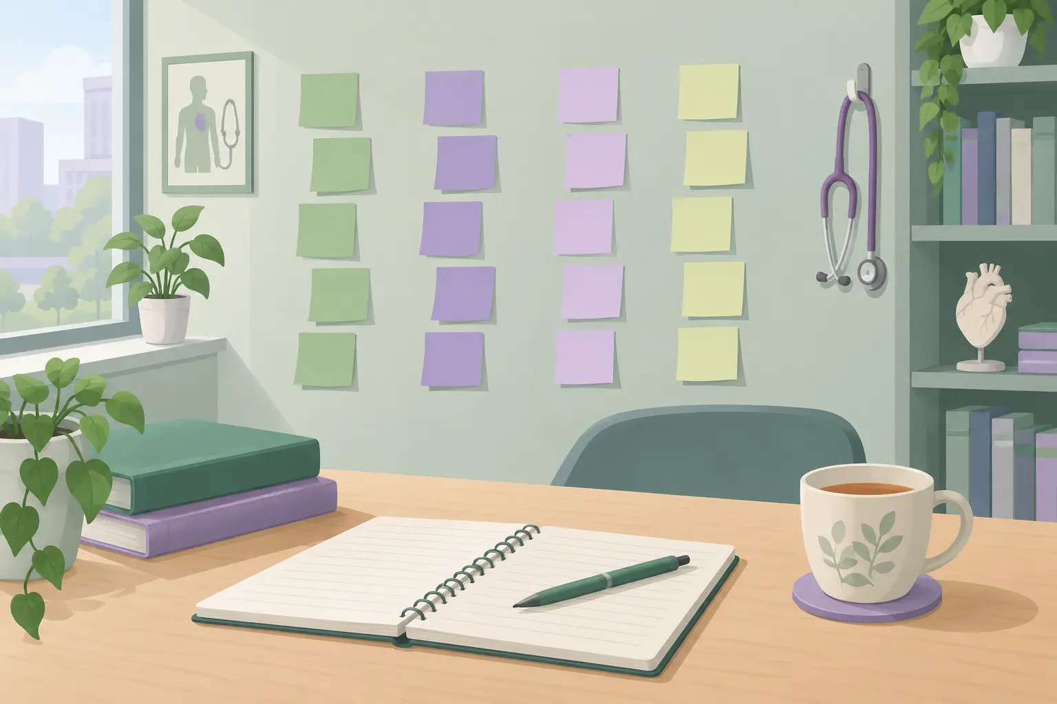 Mur de notes adhésives groupées en colonnes, carnet et tasse de thé dans une salle d'étude