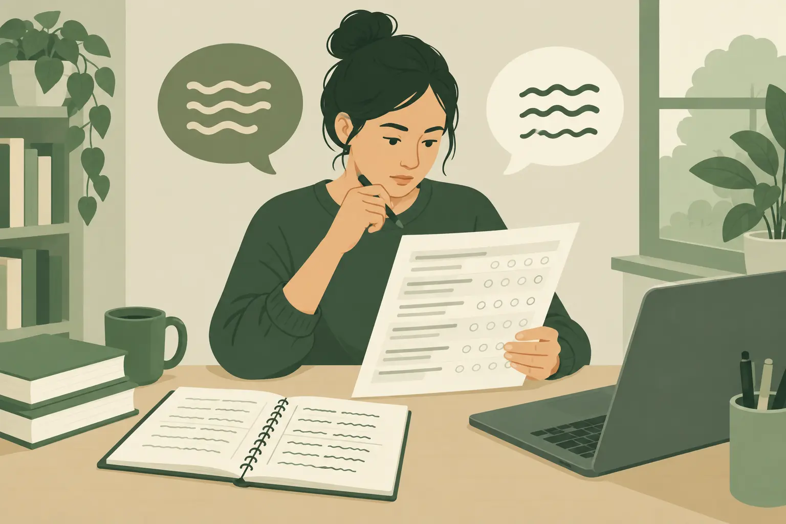 Étudiante lisant un questionnaire en anglais avec un cahier de traduction