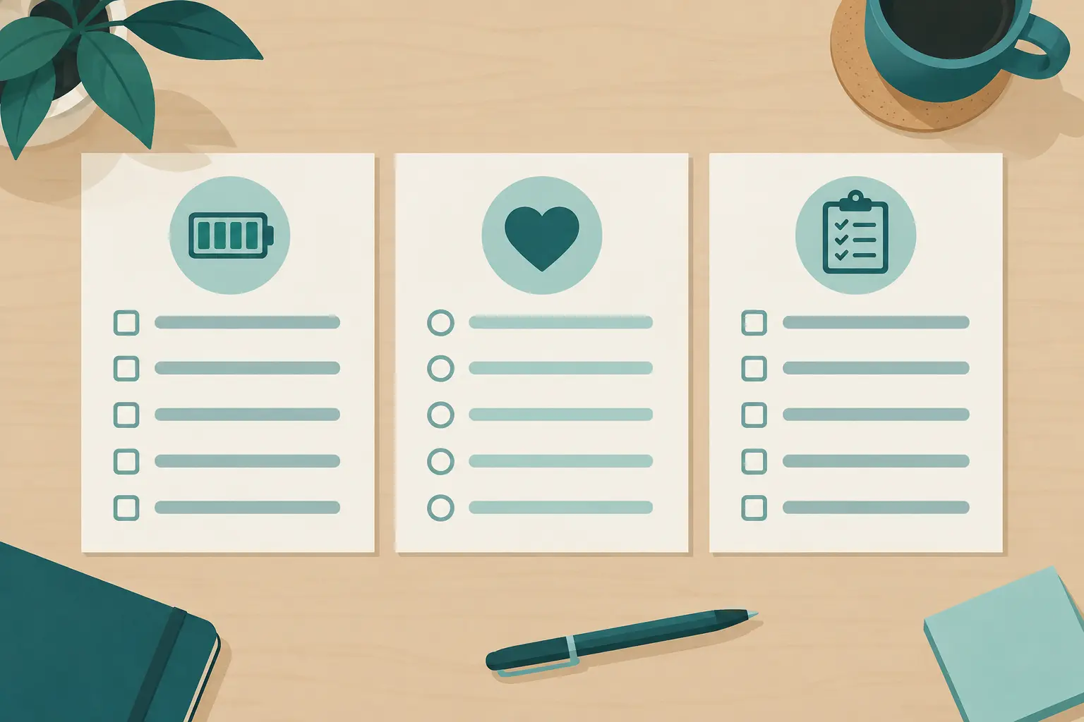 Trois questionnaires posés côte à côte avec une batterie, un cœur et un bloc-notes