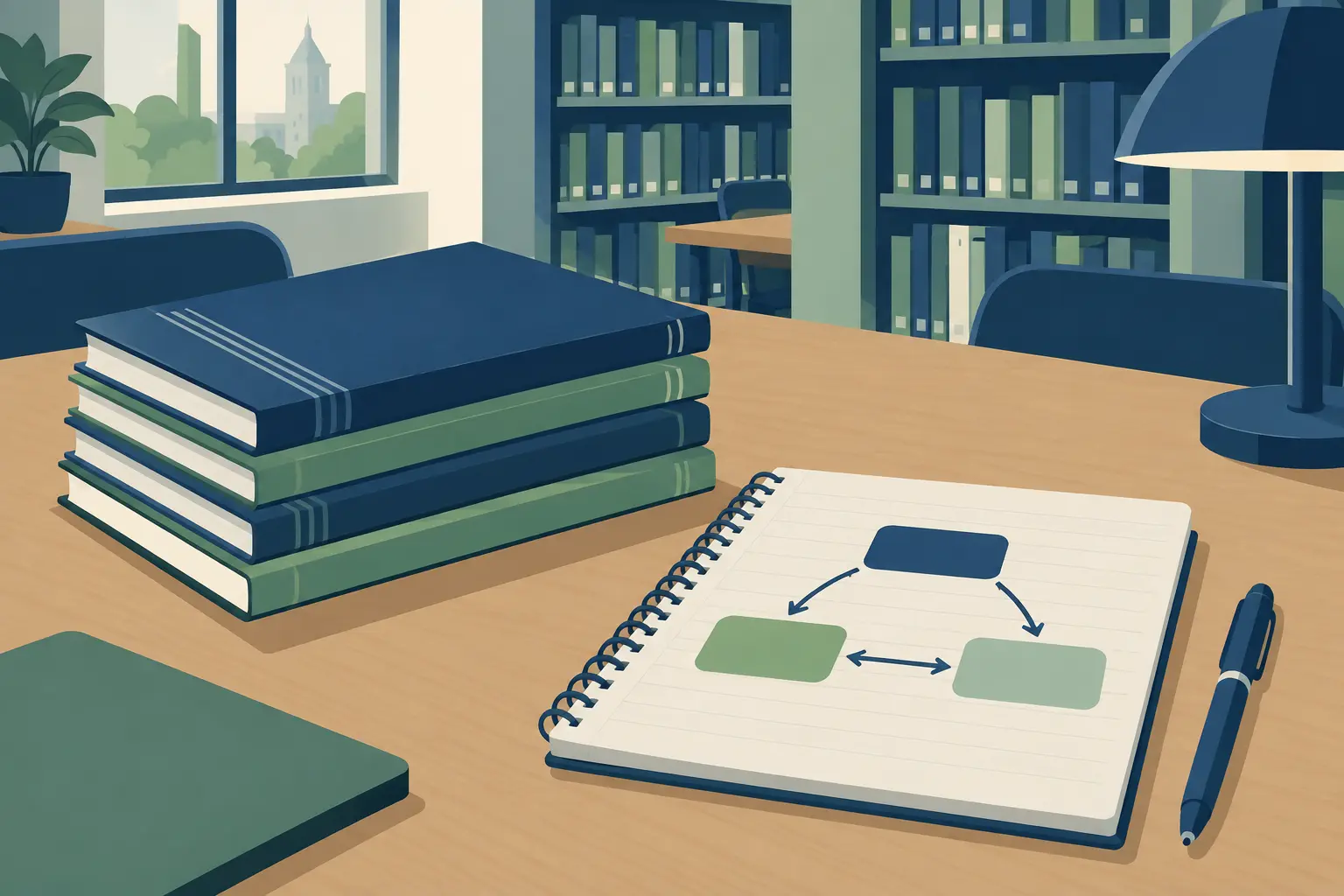 Revues académiques et carte conceptuelle sur une table de bibliothèque