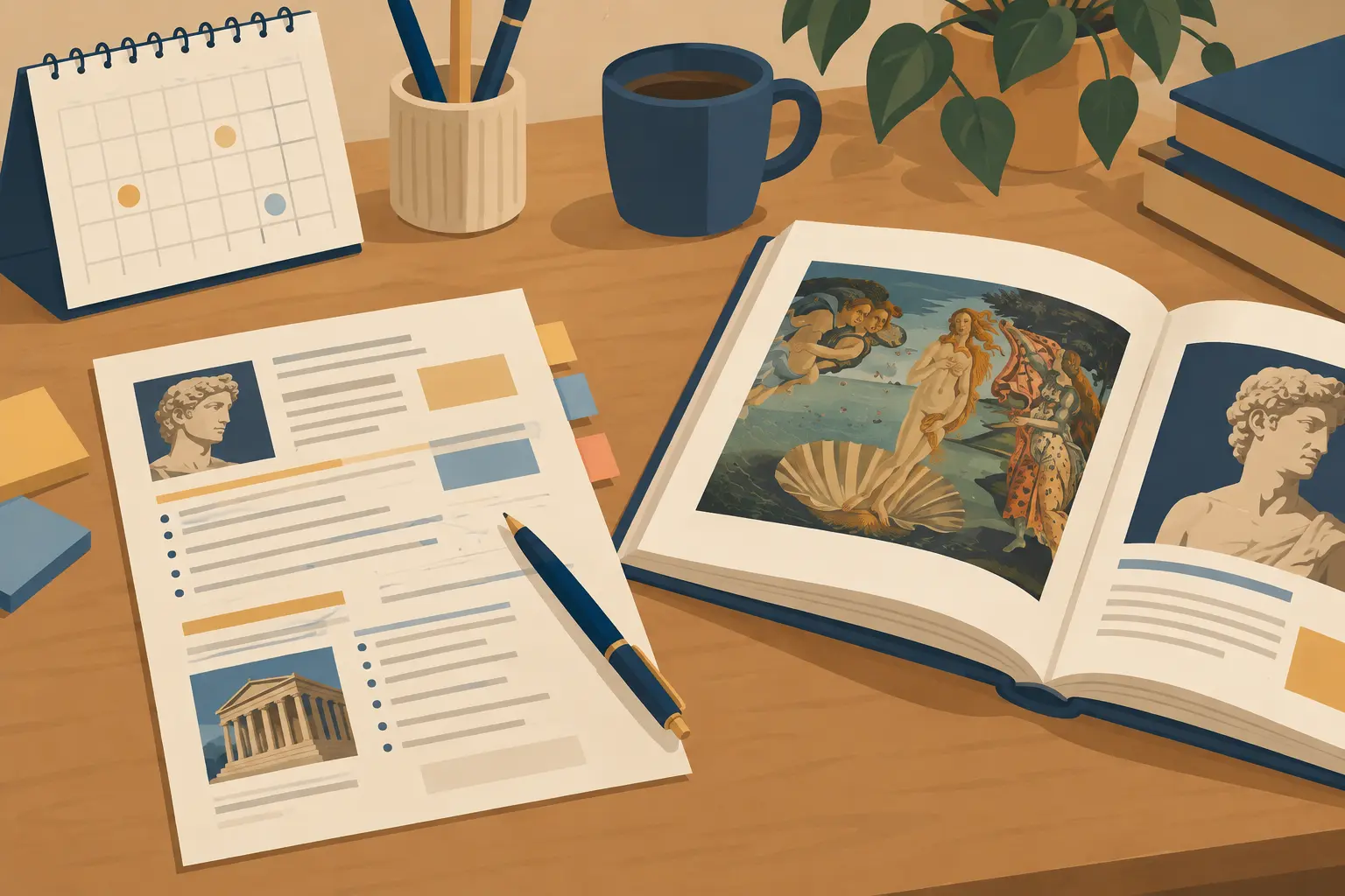 Bureau avec calendrier, guide des études annoté et livre d'histoire de l'art ouvert