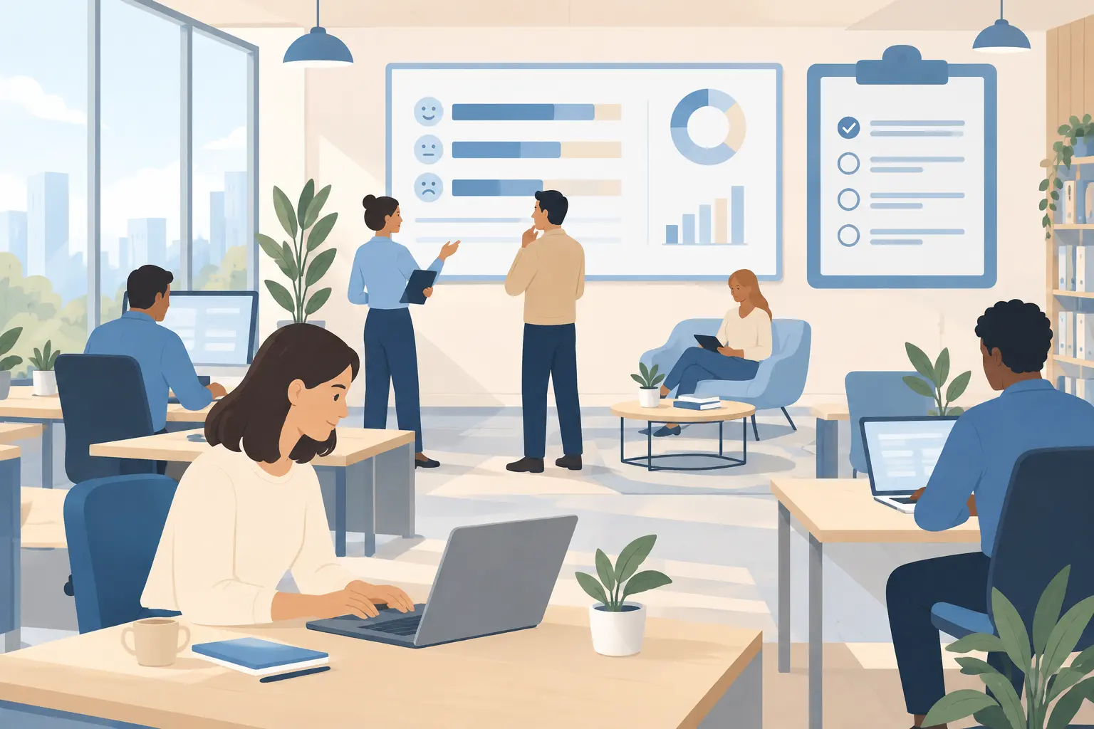 Illustration d'un bureau avec tableau de bord d'enquête sur la qualité de vie au travail