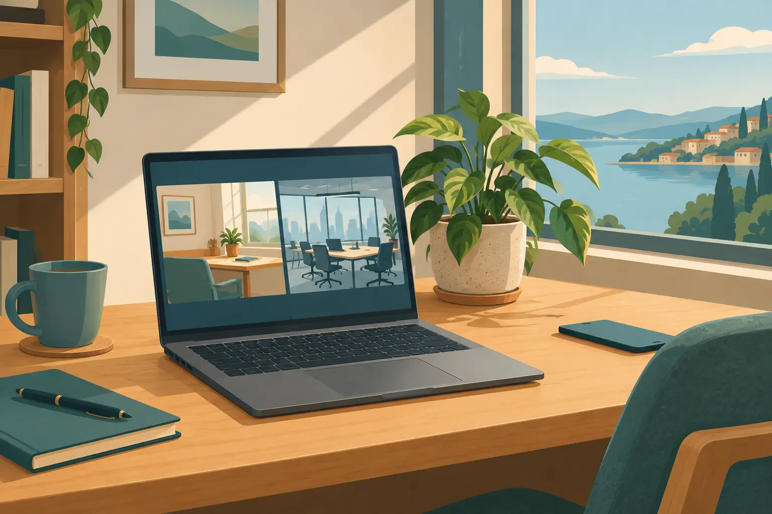 Bureau à domicile avec ordinateur et plante, écran divisé montrant un bureau lointain