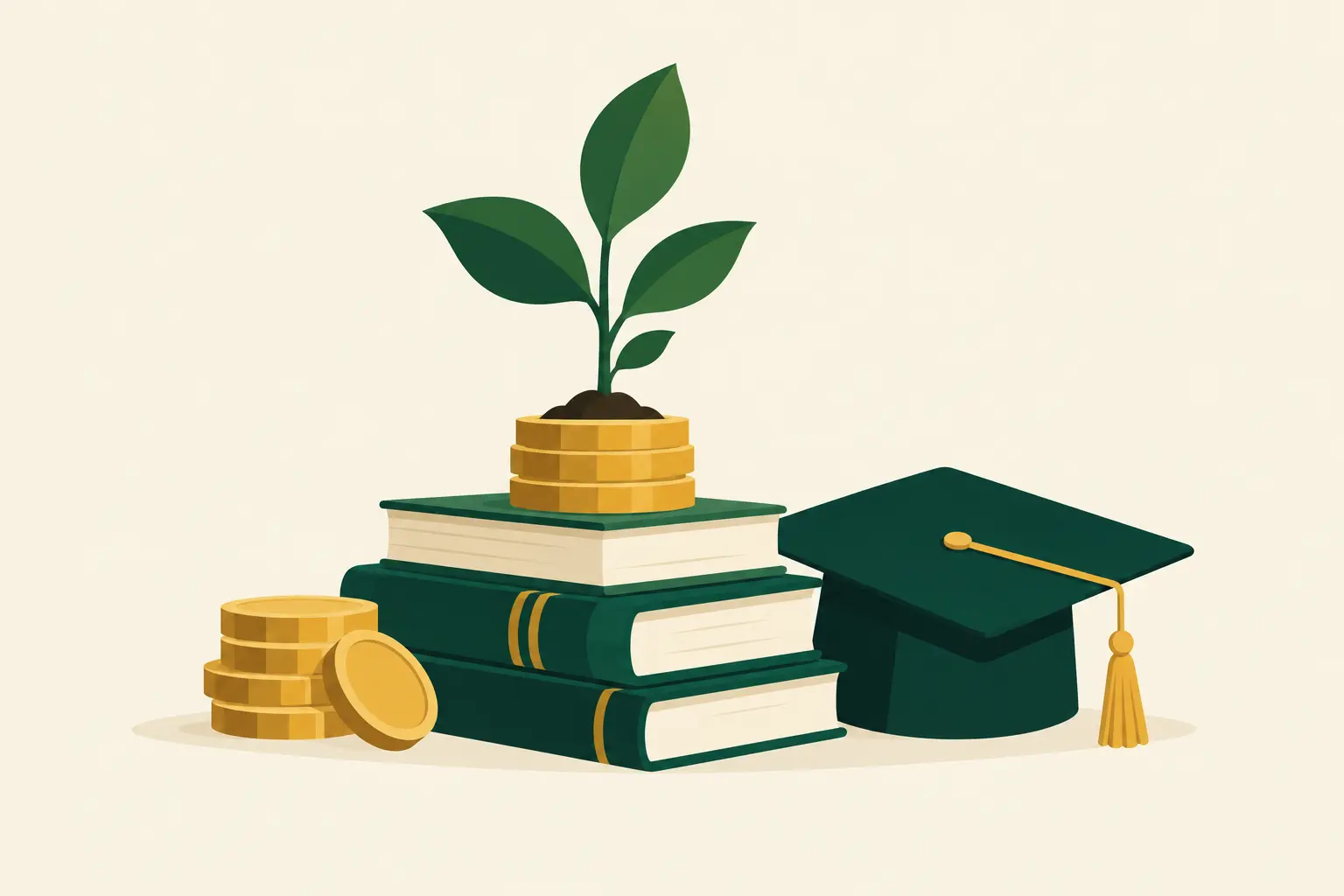 Pousse qui sort d'une pile de livres et de pièces à côté d'un mortier universitaire