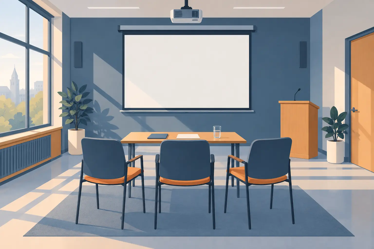 Salle de soutenance avec table, trois chaises et écran de projection