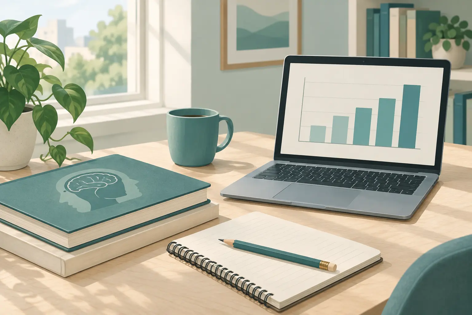 Revue de psychologie, cahier et ordinateur affichant un graphique à barres