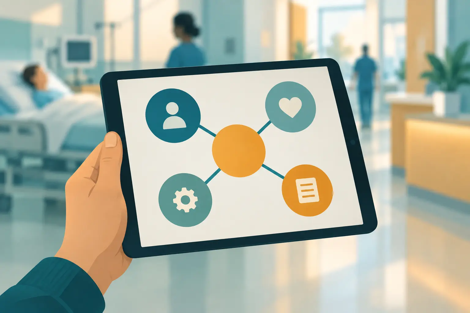 Main tenant une tablette avec une carte de cinq cercles reliés