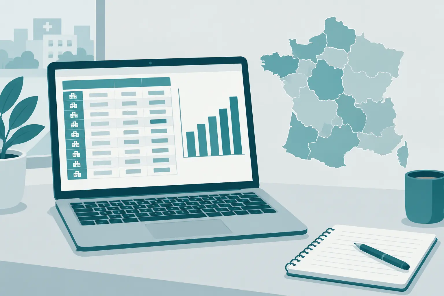 Ordinateur affichant un tableur et un graphique de scores hospitaliers à côté d'une carte des régions
