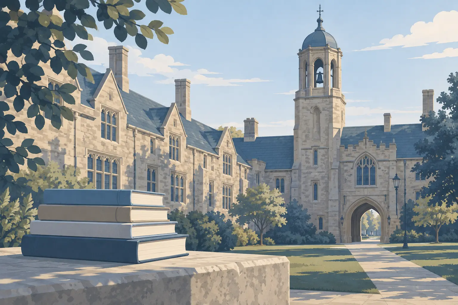 Façade d'un bâtiment universitaire et pile de livres au premier plan