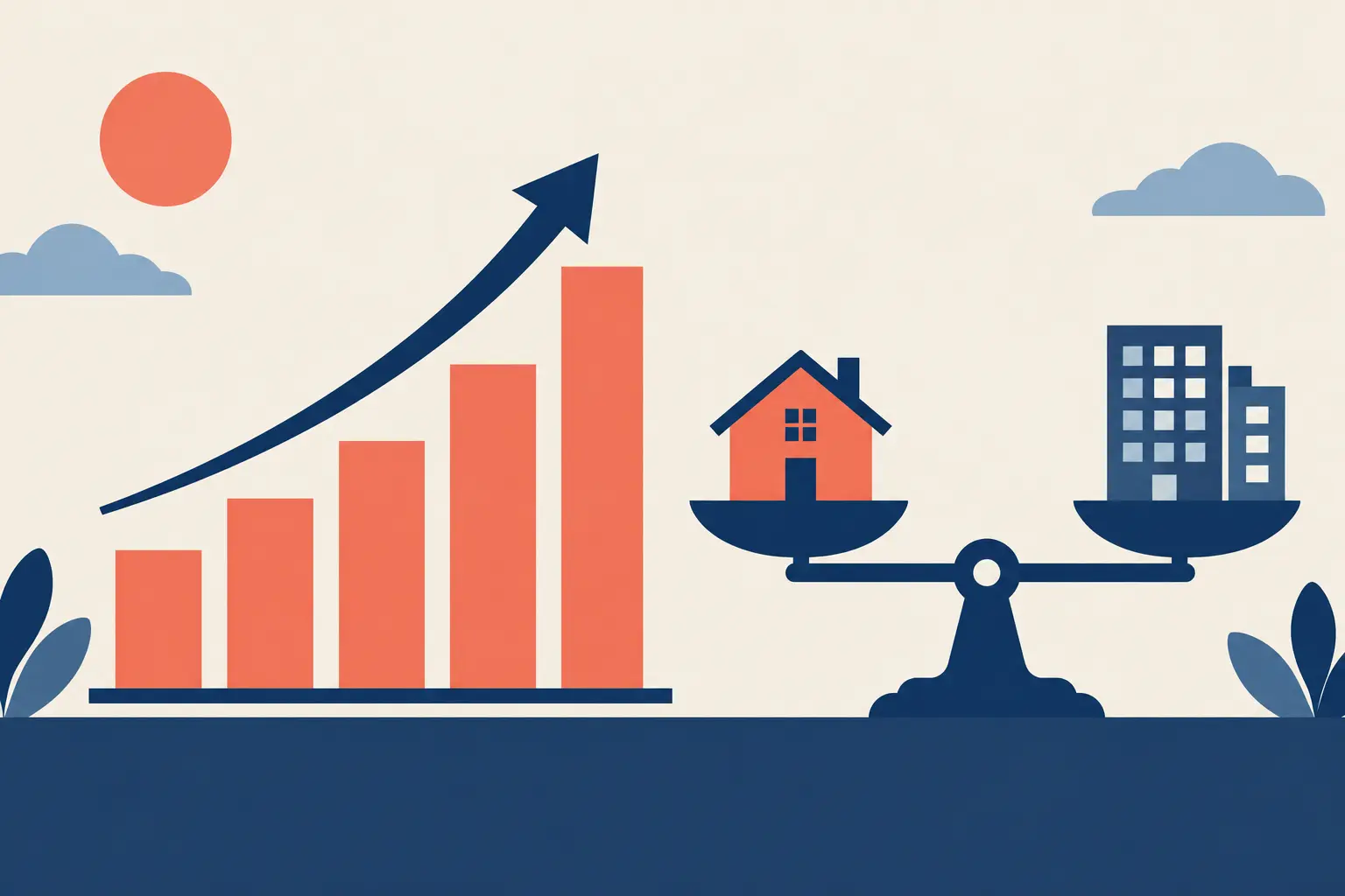 Balance entre une maison et un immeuble de bureaux à côté d'un graphique en barres