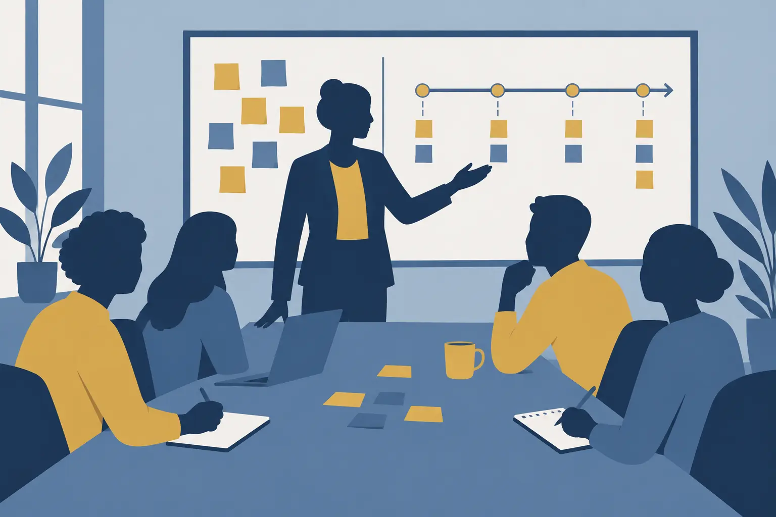 Silhouette d'un responsable d'équipe autour d'une table de travail avec un tableau chronologique
