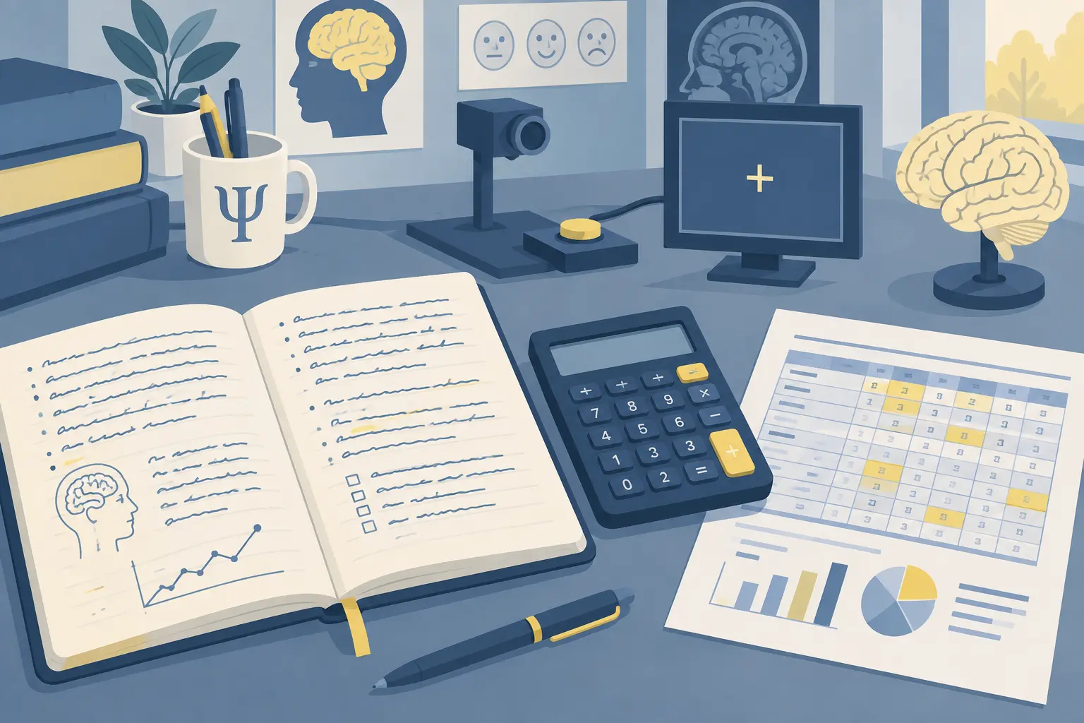 Cahier ouvert, calculatrice et tableau de résultats sur un bureau de laboratoire