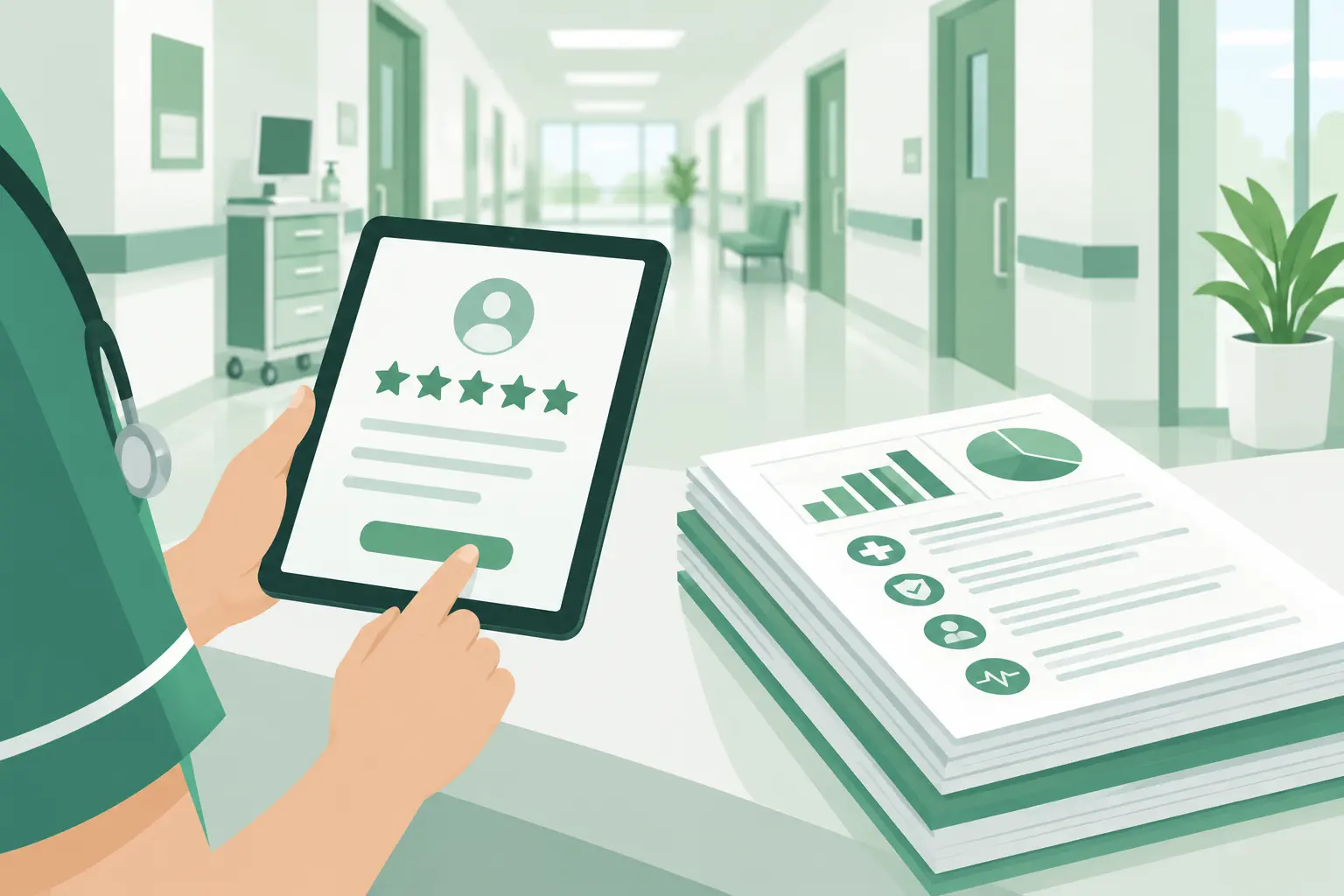 Soignant tenant une tablette avec un questionnaire de satisfaction patient