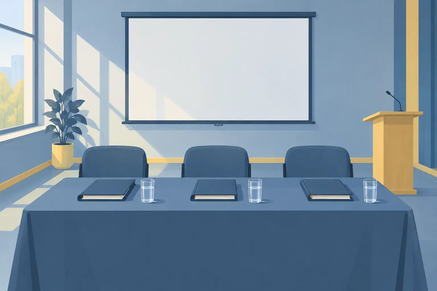 Table de jury avec trois chaises, dossiers et verre d'eau devant un écran de projection