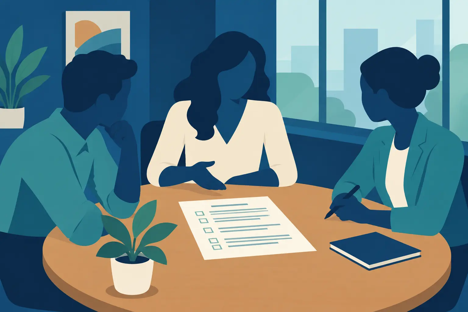 Silhouettes de trois salariés autour d'une table avec un questionnaire imprimé