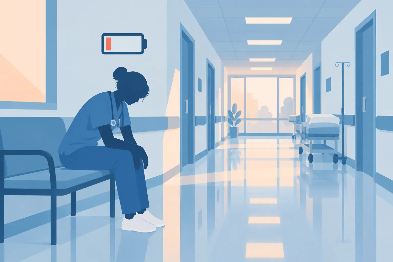 Soignante au repos dans un couloir d'hôpital