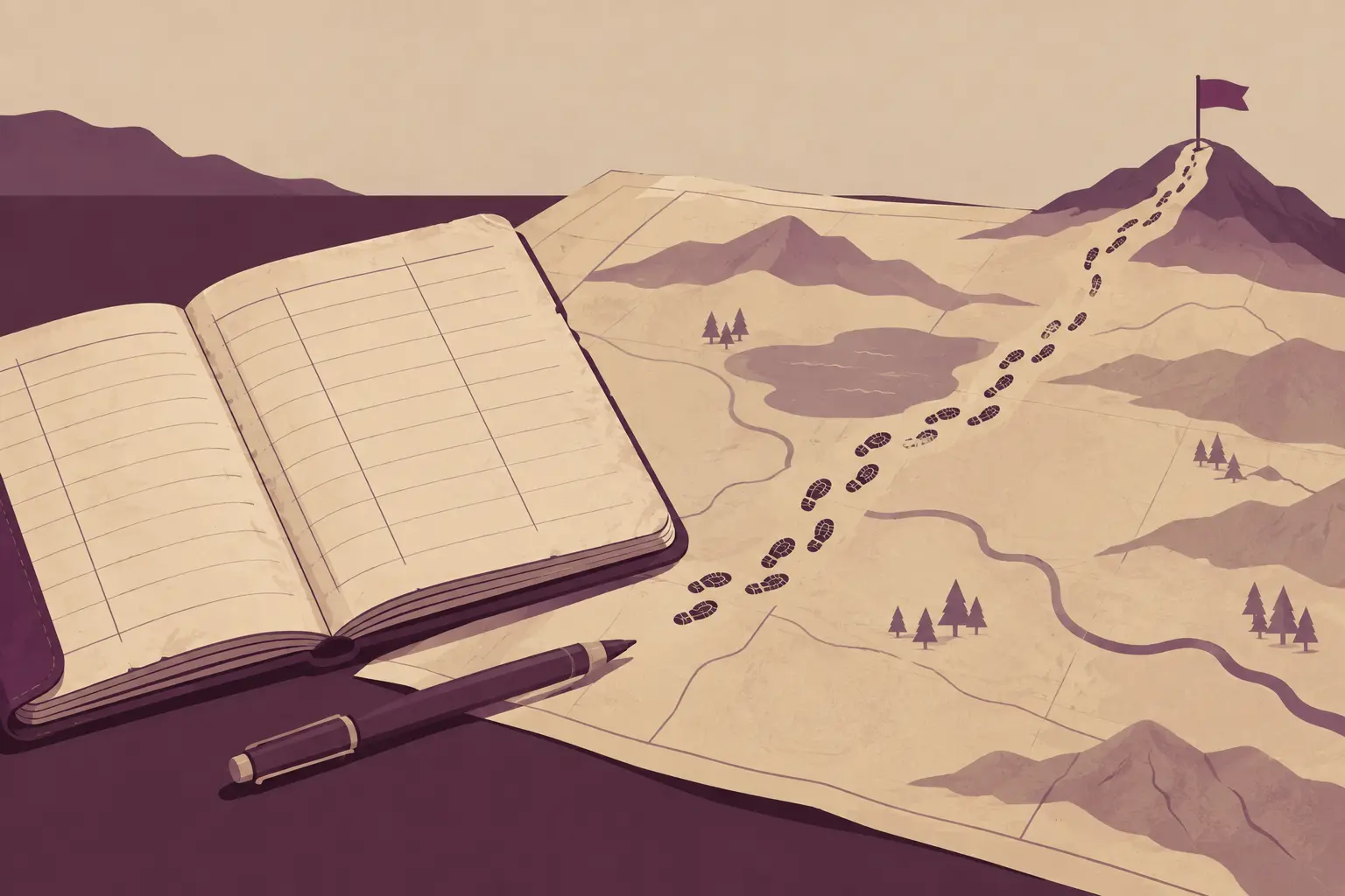 Journal de bord daté, stylo et chemin de pas sur une carte menant à un drapeau