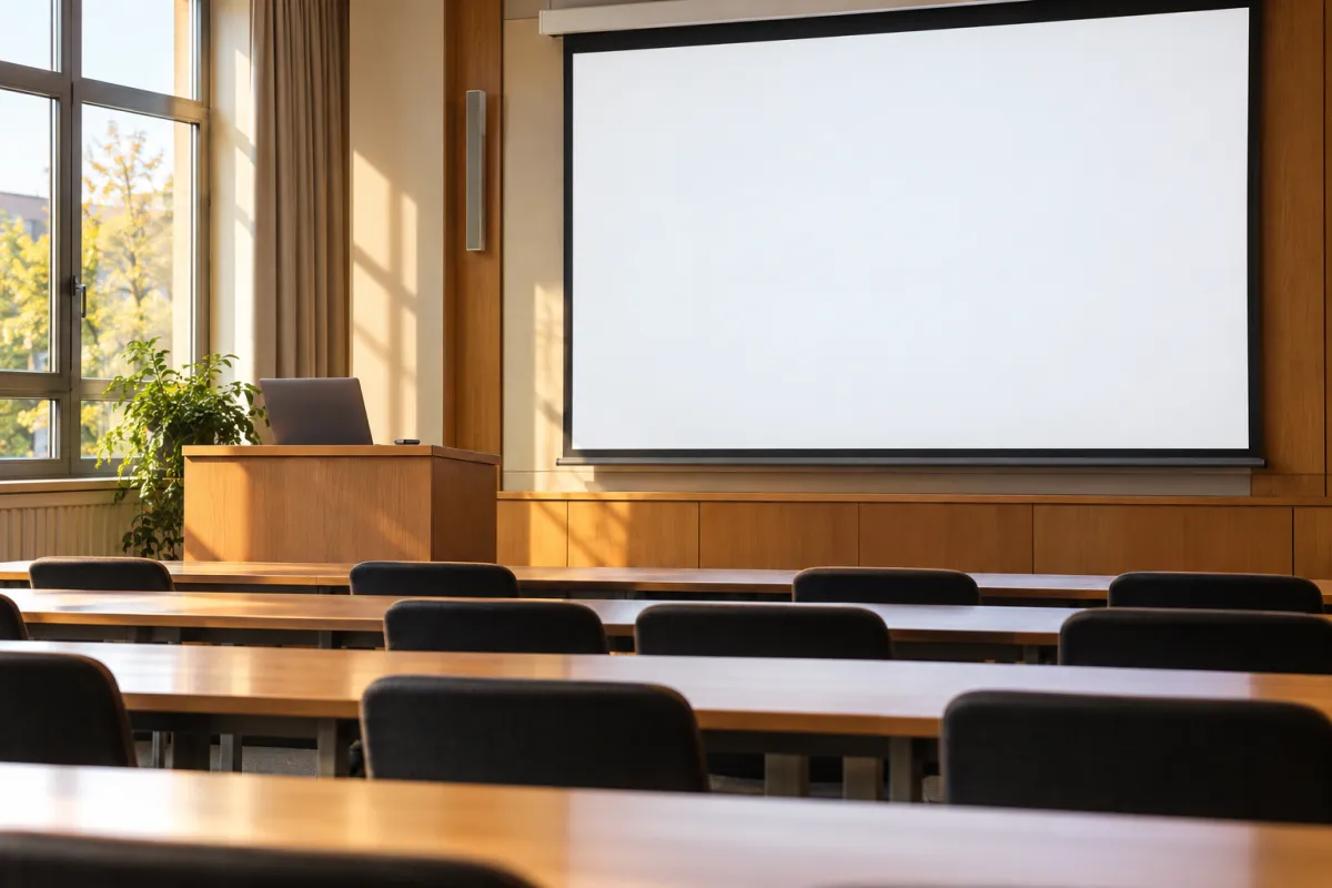 Salle de soutenance vide avec un écran de projection allumé et une clé USB posée sur le pupitre