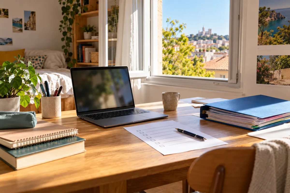 Étudiant cochant une checklist administrative de rentrée universitaire imprimée