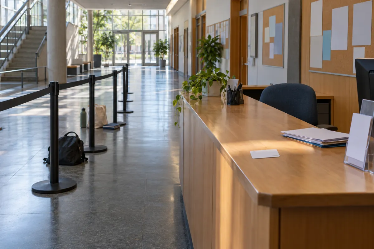 Étudiants à l'accueil administratif d'une université pour récupérer leur carte étudiante