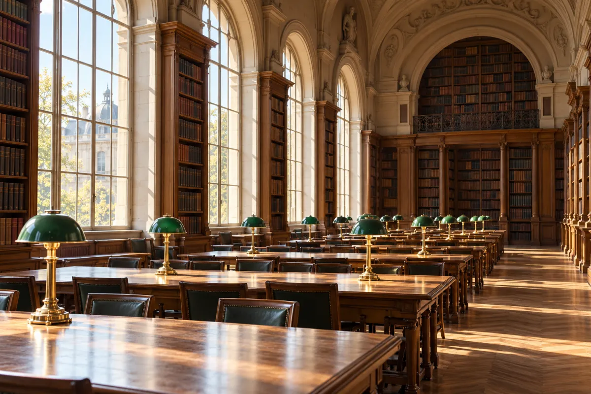 Salle de lecture d'une bibliothèque universitaire française vide avec lampes de bureau vertes