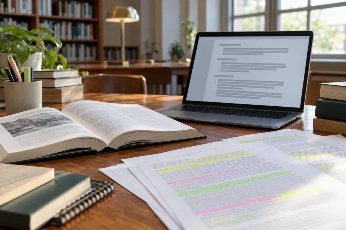 Bureau d'étudiant avec livres, articles annotés et liste de références APA sur ordinateur