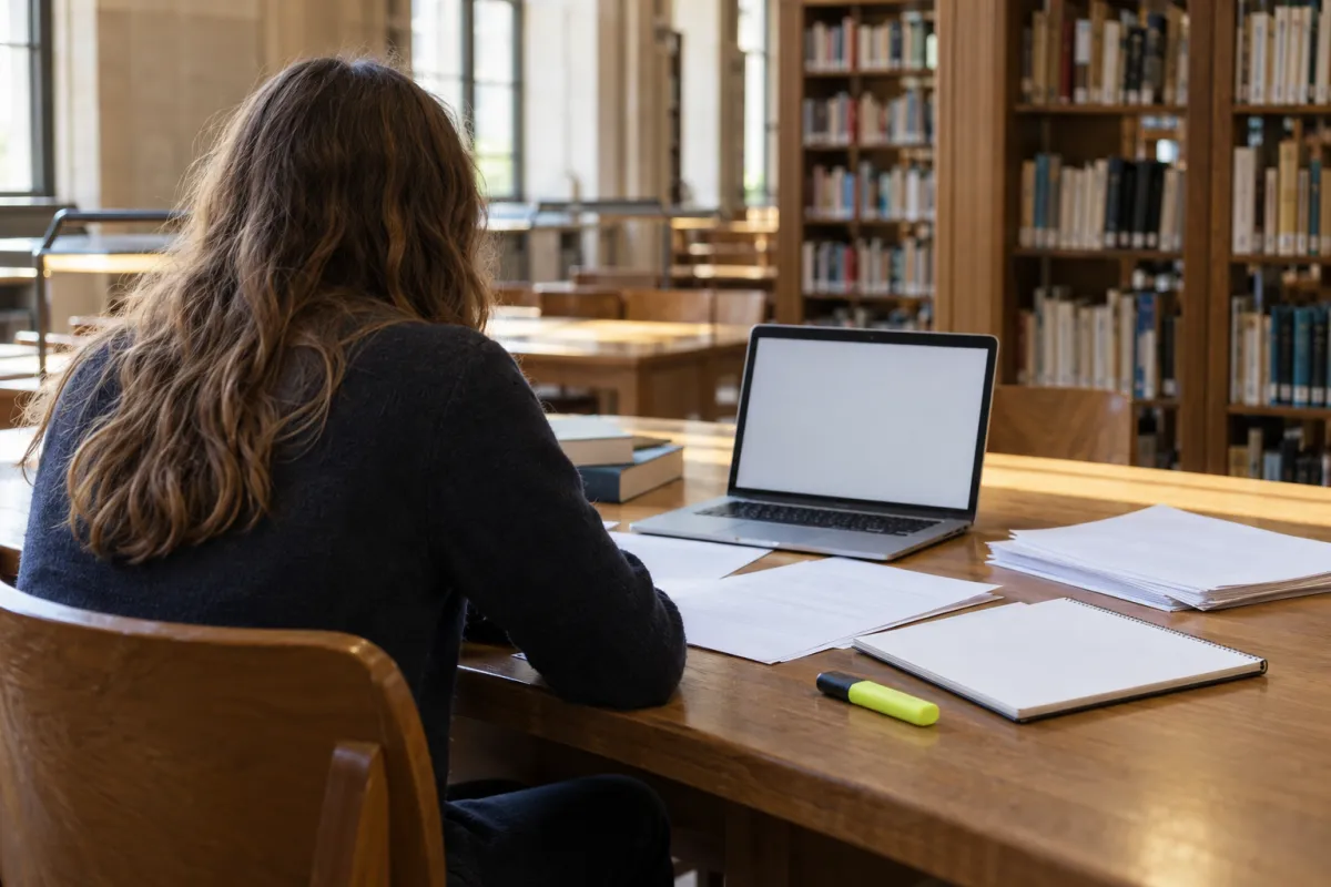 Étudiante comparant des classements de masters 2026 dans une bibliothèque universitaire