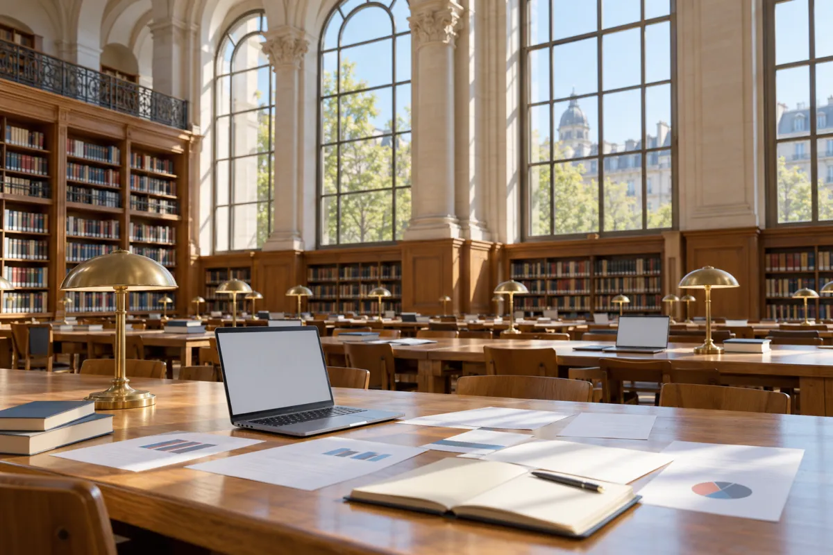 Étudiants consultant des données de classement des universités françaises dans une bibliothèque universitaire