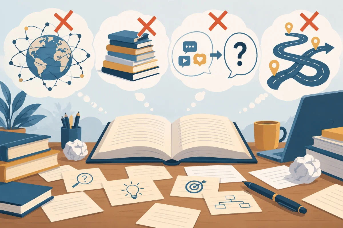 Livres et notes de recherche dans une illustration conceptuelle consacrée à Erreurs courantes dans le choix du sujet