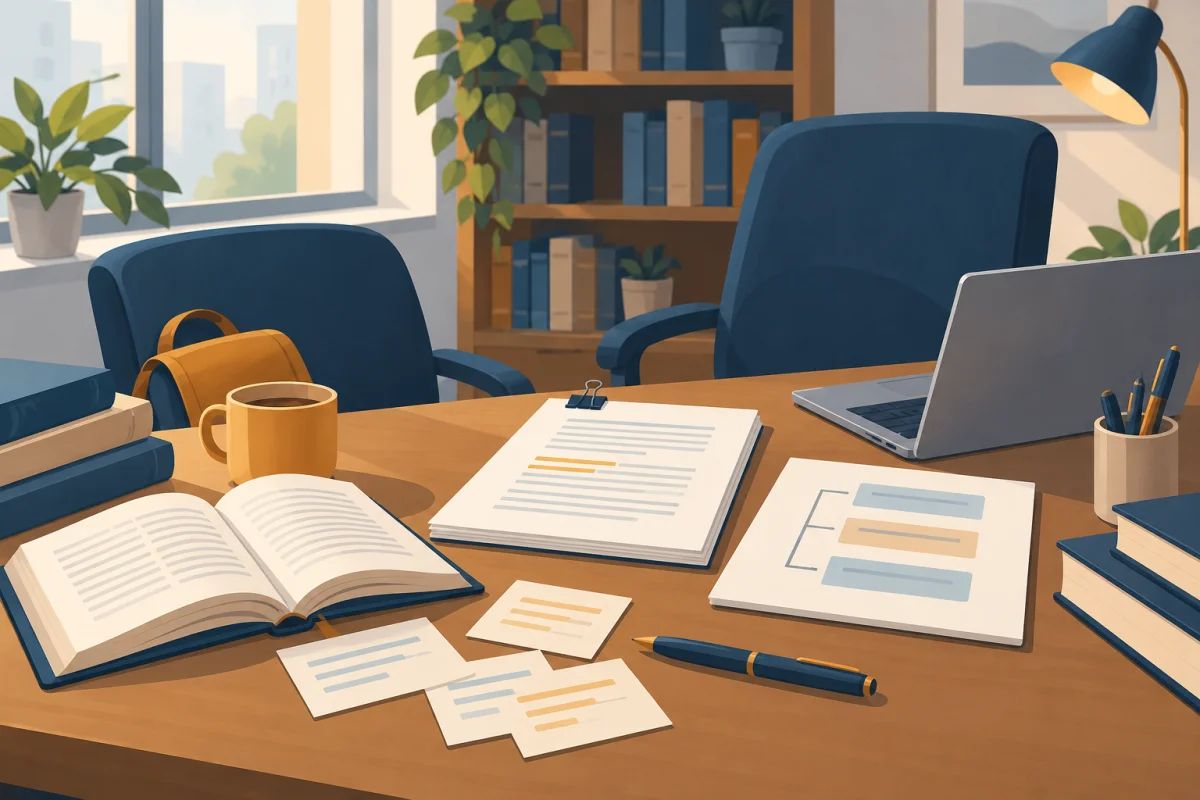 Livres et notes de recherche dans une illustration conceptuelle consacrée à Étape 6 — Valider avec votre directeur