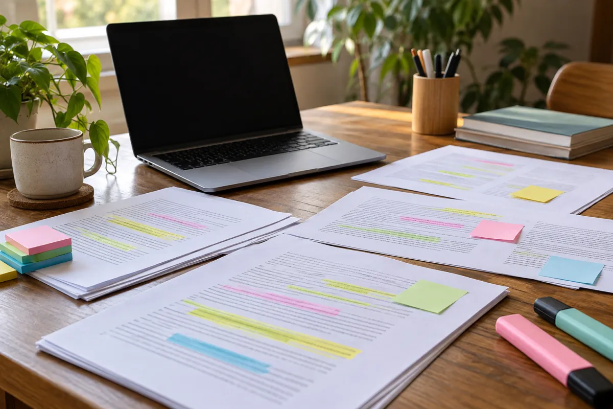 Retranscriptions d'entretiens annotées et codées au surligneur pour une analyse thématique