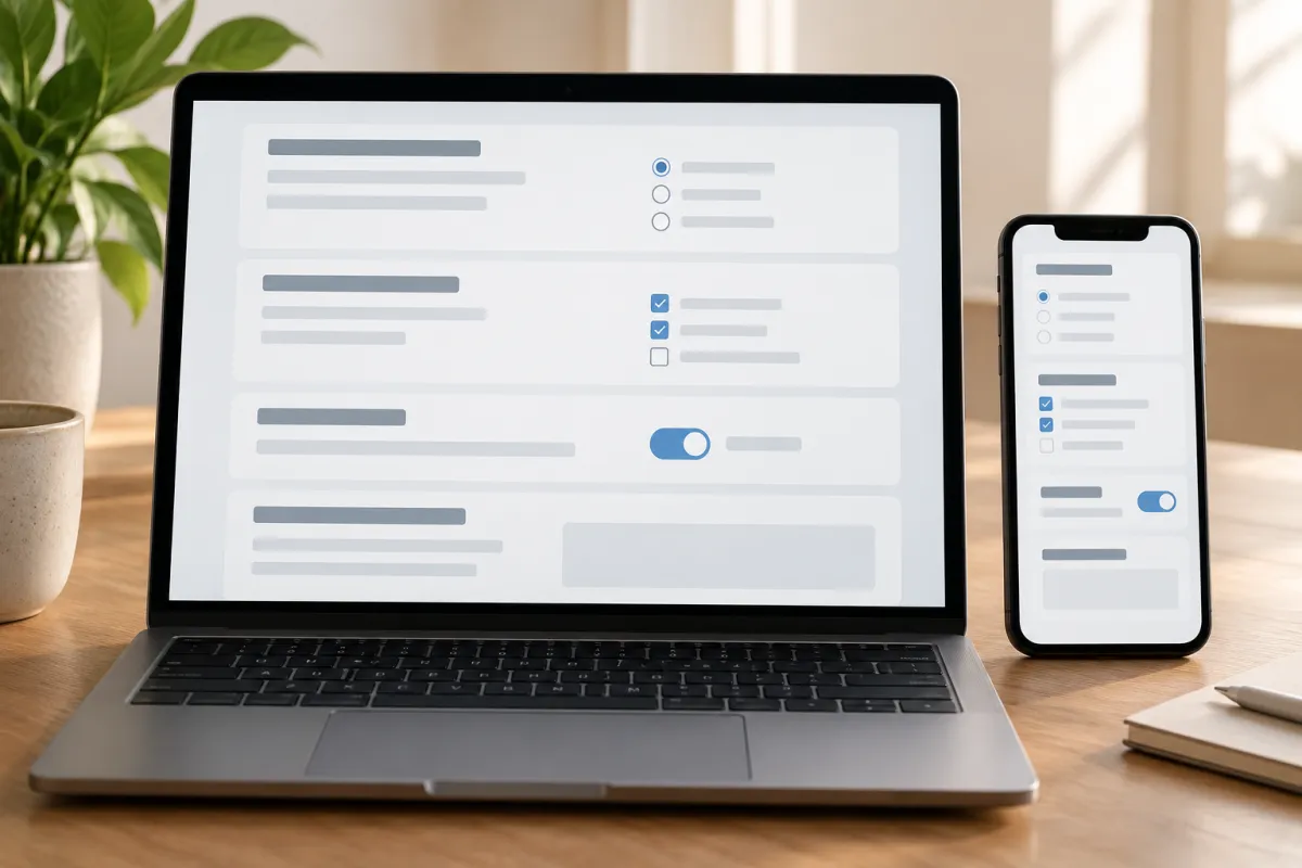 Ordinateur et smartphone affichant la construction d'un questionnaire en ligne organisé en sections