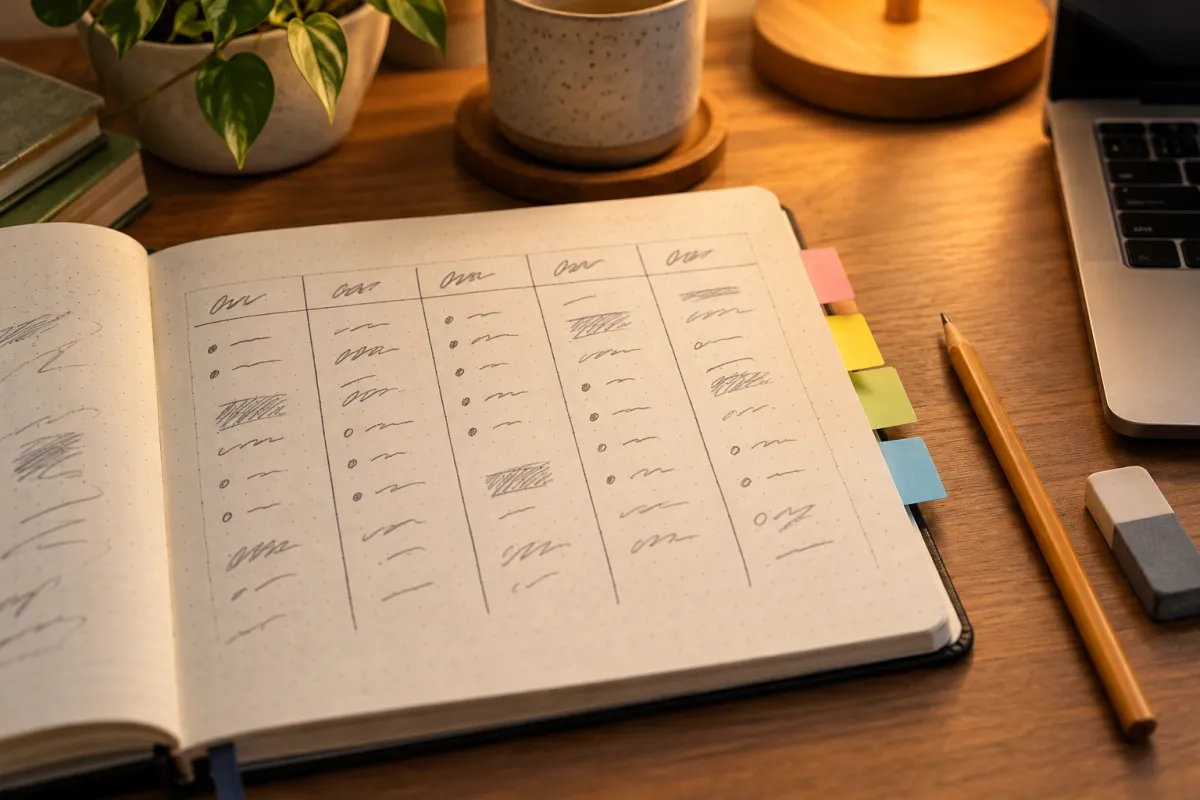Carnet avec un tableau de suivi des termes à définir posé à côté d'un ordinateur portable
