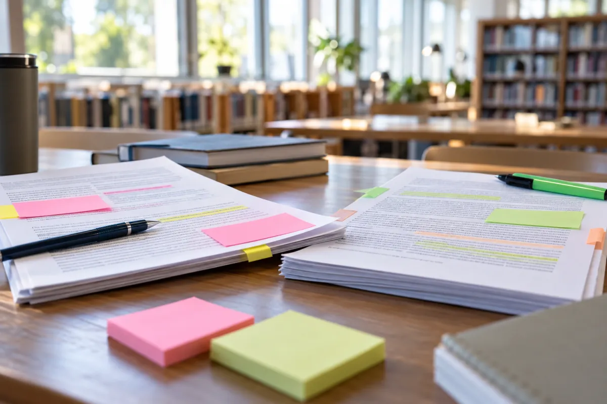 Deux étudiants échangeant leurs mémoires pour une relecture croisée en bibliothèque
