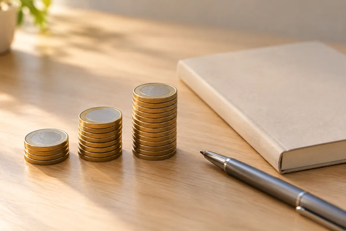 Trois piles de pièces en euros de hauteur croissante illustrant l'évolution de la dépense par étudiant